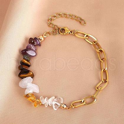 Nature Amethyst & Quartz Crystal & Yellow Quartz & Tiger Eye Chip Link Bracelets BJEW-V003-02G-1