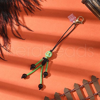 Halloween Theme Skeleton Glass Seed & Natural Black Onyx & Synthetic Turquoise Beaded Pendant Decorations HJEW-MZ00284-04-1