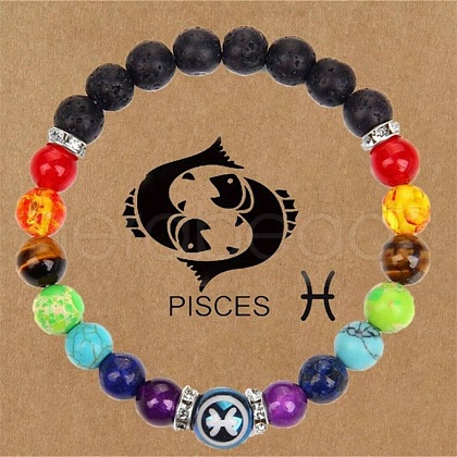 12 Constellations 7 Chakra Natural Lava Rock & Agate & Amethyst & Tiger Eye & Turquoise & Glass Round Beadeed Stretch Bracelets WG33A89-08-1