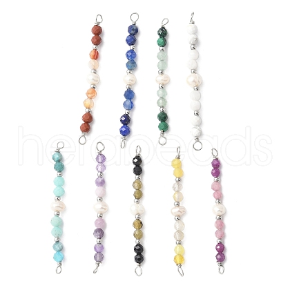 Faceted Round Natural Mixed Gemstone & Potato Natural Cultured Freshwater Pearl Beaded Connector Charms PALLOY-JF03532-1