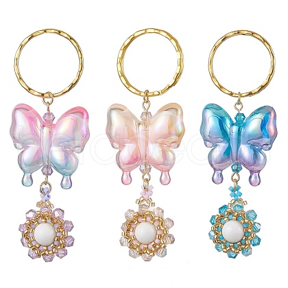 3 Pcs Butterfly Acrylic & Flower Glass Seed Beaded Keychain KEYC-MZ00007-1