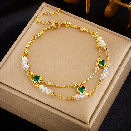 304 Stainless Steel Emerald Rhinestone Heart Charm & Plastic Imitation Pearl Double Layer Anklets FS-WGEF8AA-04-1
