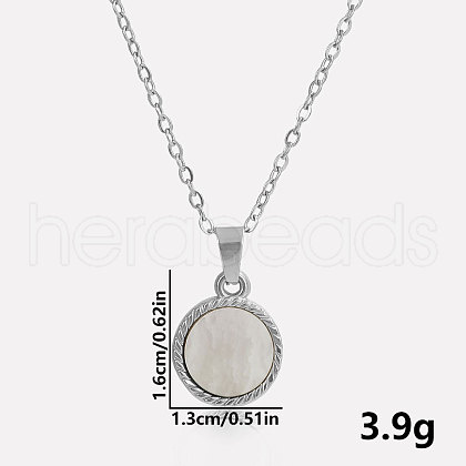 Stylish 304 Stainless Steel Pave Natural White Shell Flat Round Pendant Necklaces Simple Design Jewelry DP7329-2-1