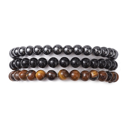 3Pcs 3 Style Natural & Synthetic Mixed Stone Round Beaded Stretch Bracelets BJEW-JB10178-02-1