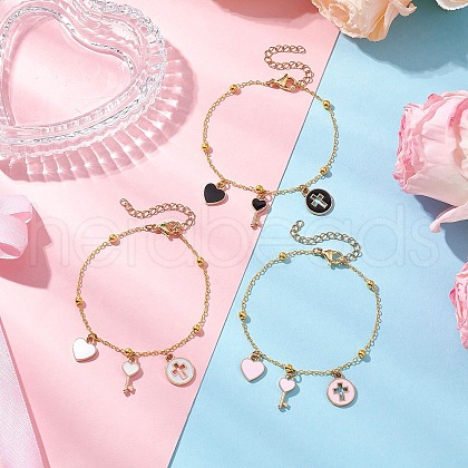 3Pcs 3 Colors Brass Flat Oval Cable Chain Bracelets BJEW-JB11602-1