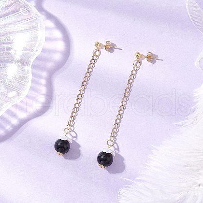 Glass Imitation Pearl Round Tassel Stud Earrings EJEW-JE06453-01-1