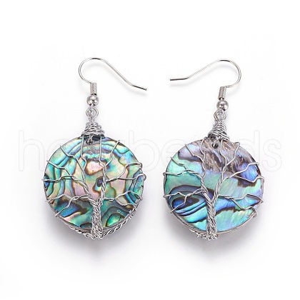 Abalone Shell/Paua Shell Flat Round with Tree of Life Dangle Earrings EJEW-SZ0001-67A-1