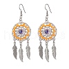 Flat Round with Feather Handmade Glass Seed Beads Chandelier Earrings EJEW-MZ00473-3