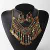 Flat Round Tassel Bohemia Alloy Rhinestone Pendant Necklaces & Dangle Earrings Sets FS-WG58F87-01-2