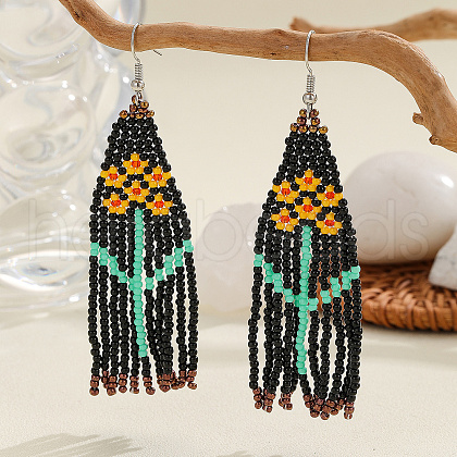 Bohemian Style Floral Glass Bead Tassel Dangle Earrings for Women HY9476-1