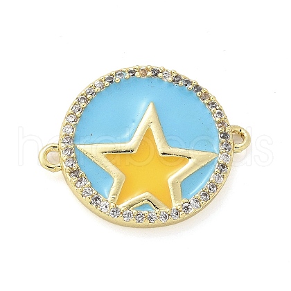 Brass Micro Pave Clear Cubic Zirconia Flat Round with Star Connector Charms KK-Z095-02G-1