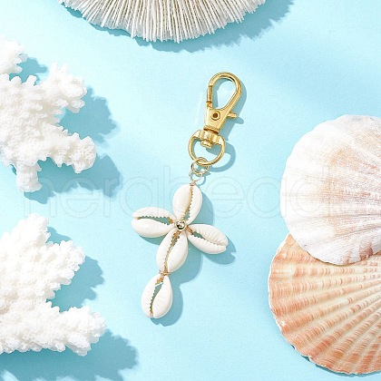 Cross Natural Cowrie Shell Pendant Decorations HJEW-JM03314-02-1