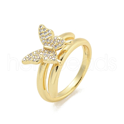 Rack Plated Brass Micro Pave Clear Cubic Zirconia Butterfly Finger Rings for Women RJEW-Z039-09G-1