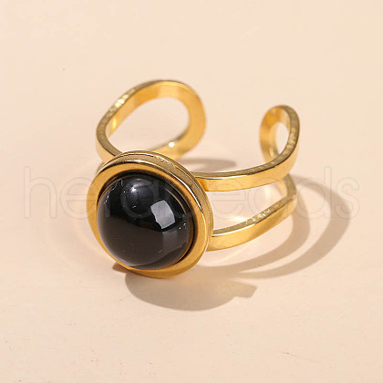 304 Stainless Steel & Black Agate Cuff Rings FS-WGDE3F0-19-1