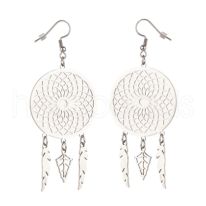 Tarnish Resistant 304 Stainless Steel Woven Net with Feather Dangle Earrings for Women EJEW-JE05005-1