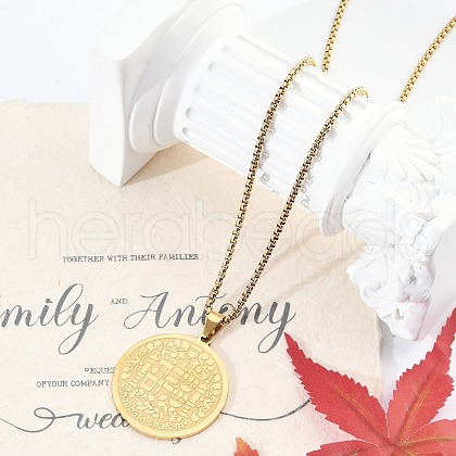 304 Stainless Steel Religion Flat Round Pendant Box Chain Necklaces for Women Men NJEW-R013-08G-1