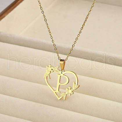 201 Stainless Steel Flower Heart Initial Pendant Necklaces for Women FS-WG08285-14-1