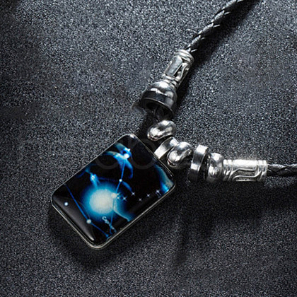 Luminous Alloy Glass Rectangle with Constellation Pendant Black Braided PU Leather Cord Necklaces WGCC9BA-11-1
