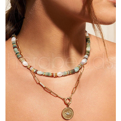 Bohemian Style Natural Flower Amazonite Rondelle Beaded Pendant Necklaces for Women FS-WG34FBA-02-1