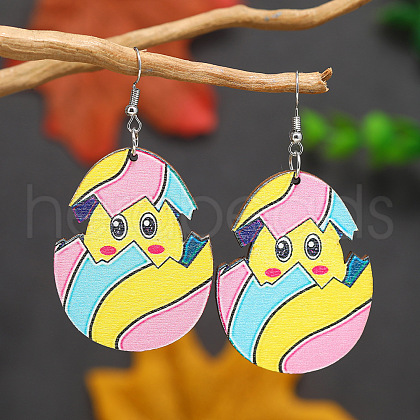 Cute Easter Chick Eggshell Wooden Dangle Earrings IH8220-1-1
