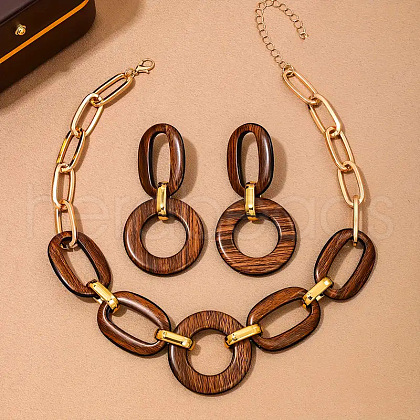 Alloy with Acrylic Oval Link Chain Pendant Necklace & Stud Dangle Earring Sets FS-WGB1D27-02-1