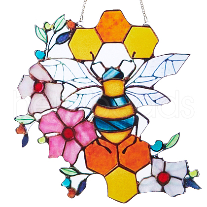 Honeycomb & Bees Stained Acrylic Window Hanger Panel HJEW-WH0069-29-1
