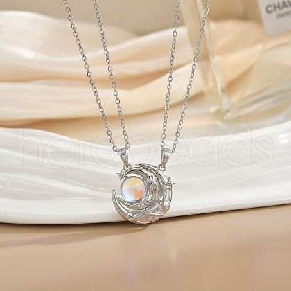 2Pcs Brass Pave Clear Zirconia Magnetic Couple Sun Moon Pendant Necklaces WG8E766-04-1