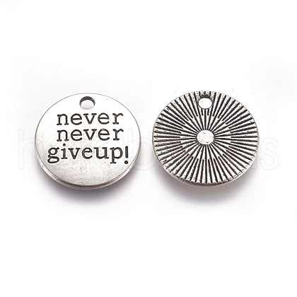 Tibetan Style Alloy Flat Round Carved Word Never Give Up Pendants TIBEP-12585-AS-RS-1