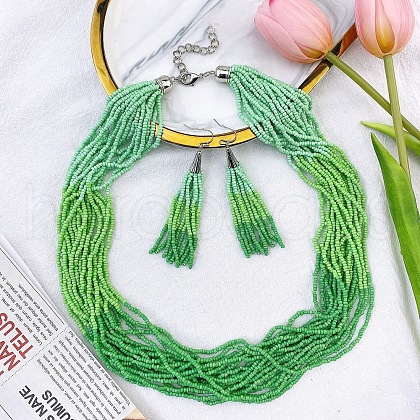 Bohemian Style Acrylic Seed Beaded Multilayer Necklaces & Tassel Dangle Earrings Sets FS-WG5C0BD-09-1