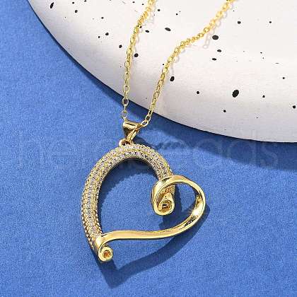 Brass Micro Pave Clear Cubic Zirconia Heart Pendant Necklaces for Women NJEW-R027-01G-02-1