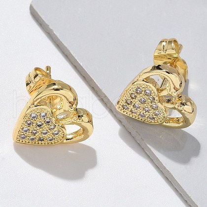 Valentine's Day Heart Brass Micro Pave Clear Cubic Zirconia Stud Earrings EJEW-D305-22G-04-1