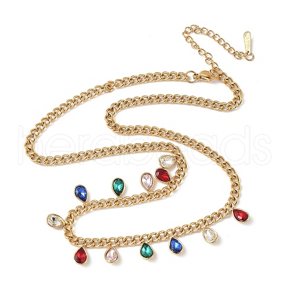 304 Stainless Steel Rhinestone Teardrop Tassel Twisted Chain Necklaces for Women NJEW-V010-01G-01-1