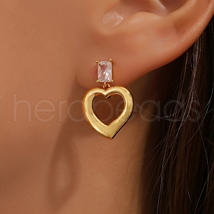 Brass Clear Cubic Zirconia Heart Dangle Stud Earrings QP9480-1