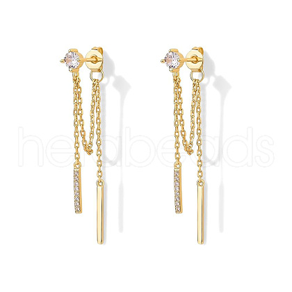 Stick Shaped Brass Micro Pave Clear Cubic Zirconia Chain Tassel Stud Dangle Earrings FS-WGFCB39-03-1
