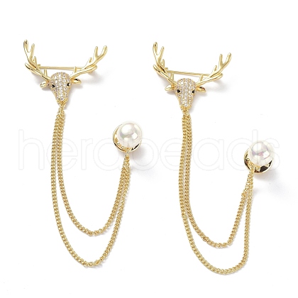 Deer & Round Acrylic Pearl with Tassel Chain Brooch Pin JEWB-K006-13G-1