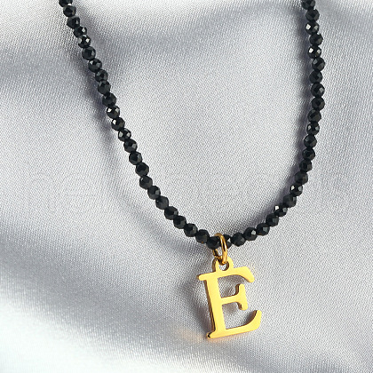 304 Stainless Steel Initial Pendant Black Glass Faceted Round Beaded Pendant Necklaces for Women FS-WGC61DE-05-1