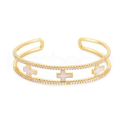 Clear Cubic Zirconia Cross Open Cuff Bangle with Enamel BJEW-S141-025-1