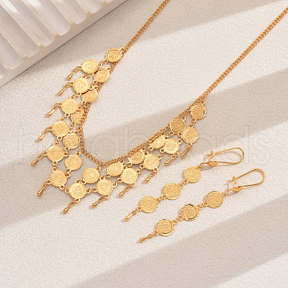 Vintage Brass Double Layer Gold Coin Tassel Necklaces & Dangle Earrings Sets for Women TB7513-1