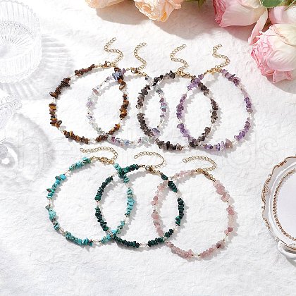Natural Mixed Gemstone Chip & Glass Beaded Anklets AJEW-AN00682-1