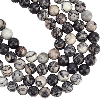 ARRICRAFT Natural Black Silk Stone/Netstone Round Bead Strands G-AR0002-82-1