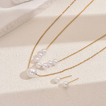 Stainless Steel Round Imitation Pearl Style Double Layer Necklaces & Stud Earrings Sets for Women FS8712-1