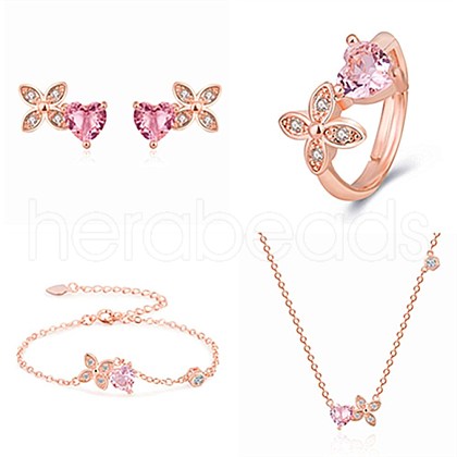 Brass & Heart Glass Imitation Rose Quartz Jewelry Set SJEW-BB62687-A-1