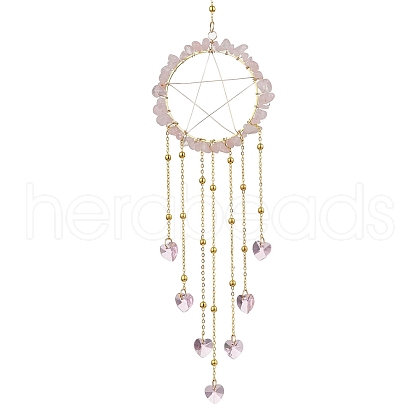 Wire Wrapped Natural Rose Quartz Chips Ring Hanging Ornaments HJEW-JM02371-02-1