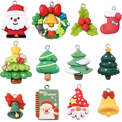 SUNNYCLUE 48Pcs 12 Styles Christmas Theme Opaque Resin Pendants RESI-SC0005-66-1