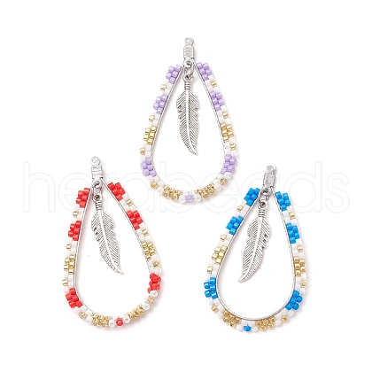 3Pcs 3 Colors Bohemia Style Glass Seed Beaded Teardrop with Feather Pendants PALLOY-MZ00589-1