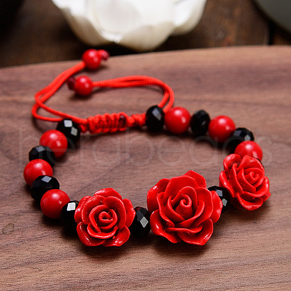 Rose Adjustable Cinnabar Braided Bead Bracelets WG3AA70-09-1
