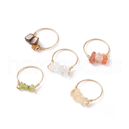 Natural Gemstone Chips Beaded Finger Rings RJEW-JR00512-1