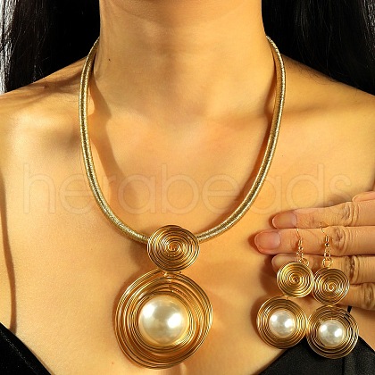 Oval Aluminum Wire Wrapped Acrylic Imitation Pearl with Imitation Leather Pendant Necklaces & Dangle Earrings Sets  FS-WG4644F-01-1