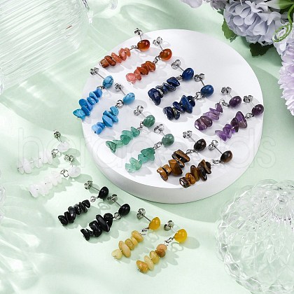 Natural Mixed Stone Dangle Stud Earrings EJEW-JE06371-1