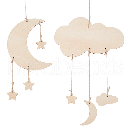 Olycraft 2 Sets 2 Styles Moon & Star Unfinished Wooden WOOD-OC0003-95-1